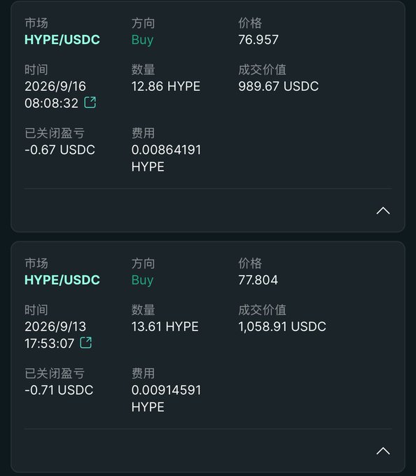 A trading interface (in Chinese) showing two completed buy orders on the HYPE/USDC market pair, with details including execution prices of 76.957 and 77.804, quantities in HYPE, and fees paid.