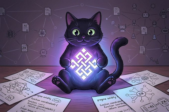The image features a cartoon cat sitting on a table surrounded by papers with various data points scattered around it, including some that appear to be graphs or charts. The cat seems to be holding a crystal ball, which could symbolize the idea of information gathering and analysis in the context of AI coordination. The post emphasizes the importance of verification, execution environments, shared context, and reliable interaction across decentralized networks for effective AI coordination.
