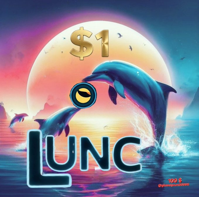 A vibrant digital artwork featuring two dolphins leaping from the ocean in front of a large glowing sun, with glowing text reading '$1' and 'LUNC', and a small Luna Classic coin logo.