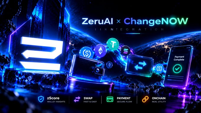 A promotional graphic for 'ZeruAI × ChangeNOW IINTEGRATION' featuring cryptocurrency icons, a wallet, and a smartphone showing 'Payment Complete'.