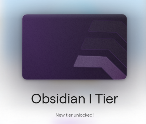 A dark purple "Obsidian I Tier" digital badge is displayed with the text "New tier unlocked!" below it, celebrating the user's advancement within the AbstractChain ecosystem. The image visually represents the achievement mentioned in the caption, "new tier unlocked who dis @AbstractChain."