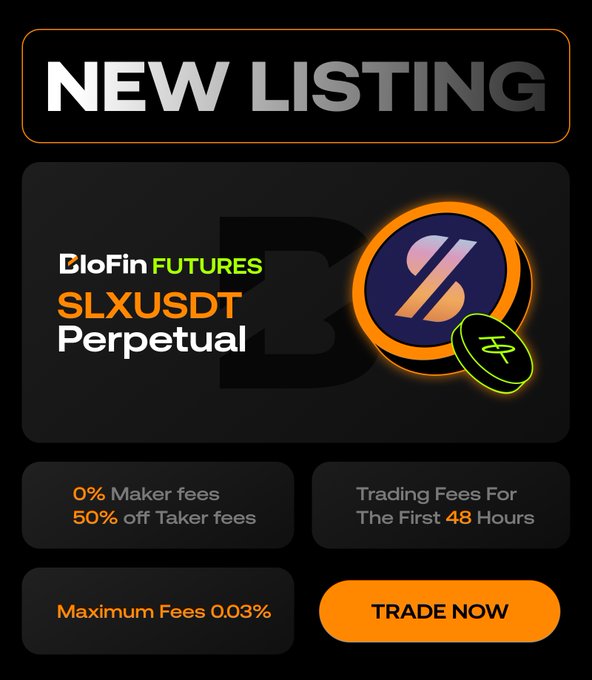 The image features a black and orange background with the headline "New listing" at the top, accompanied by two circles – one in blue (representing the logo for the trading platform) and another in yellow (indicating the fee details). The text states that the platform is now offering a new listing. The post also mentions an upcoming trade, but it's unclear if the price is yet fixed or if there are any special offers available.