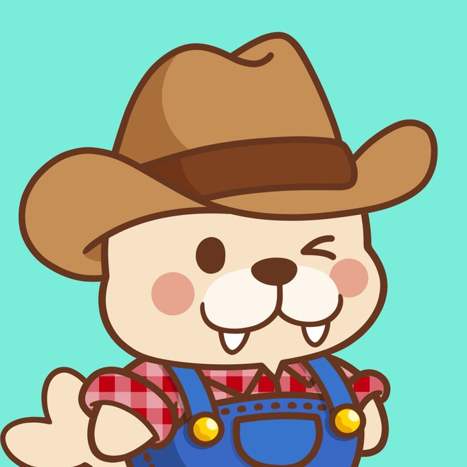 A cartoon illustration depicts a cute bear-like character wearing a brown cowboy hat, a red plaid shirt, and blue overalls, winking playfully against a teal background.