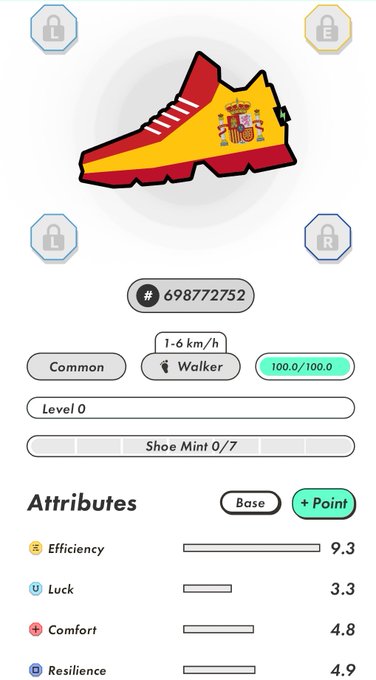 The image shows a white phone screen displaying information about an object, which appears to be a shoe or sneaker with a Spanish flag design. The screen also has a list of attributes that describe the shoe, such as "shoe mini Q7", "efficiency", and "commission". The post in question seems to be discussing these attributes, possibly related to the shoe's features or performance.