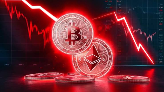 A digital graphic depicting Bitcoin and Ethereum coins against a red background with a downward trending stock chart, suggesting a cryptocurrency market crash.