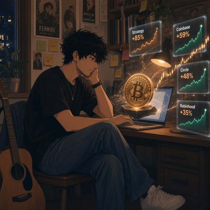 An anime-style illustration of a dark-haired young man sitting at a desk with a laptop, surrounded by floating holographic screens showing crypto gains: 'Strategy +85%', 'Coinbase +59%', 'Circle +48%', and 'Robinhood +35%', with a glowing Bitcoin coin hovering above the laptop.