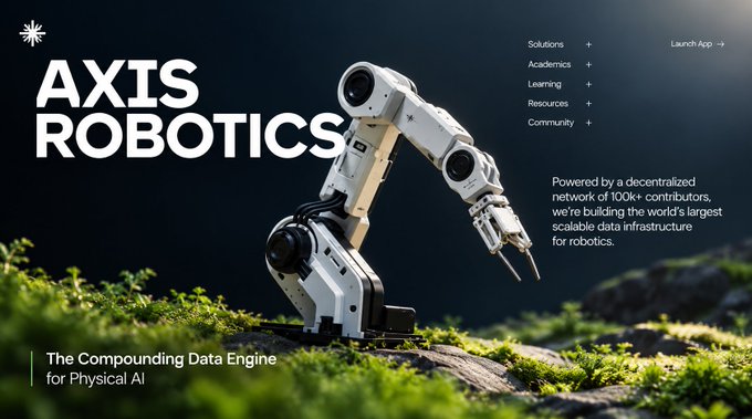 A screenshot of the Axis Robotics website featuring a white robotic arm on mossy terrain, with the tagline 'The Compounding Data Engine for Physical AI' and navigation menu including Solutions, Academics, Learning, Resources, and Community.