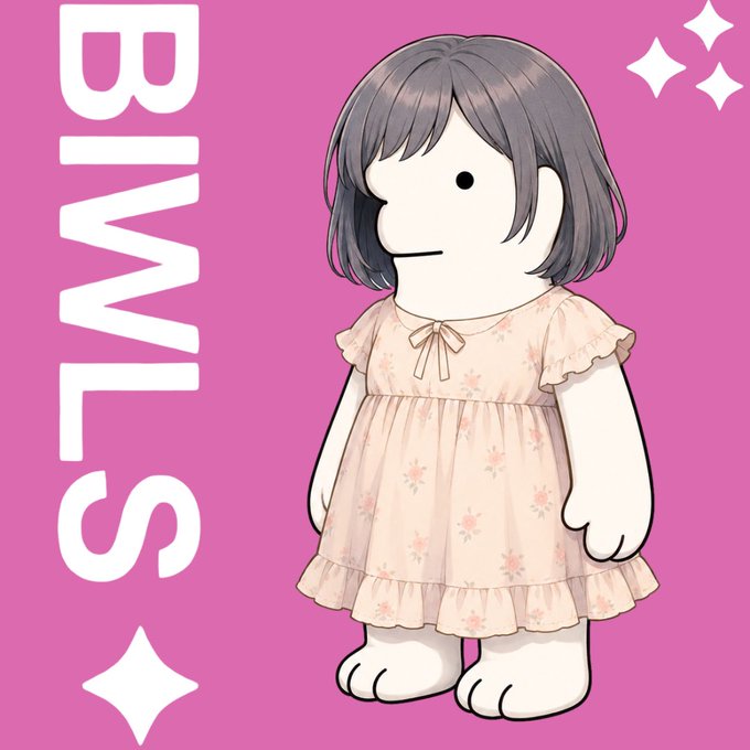 Pink promotional image featuring a cartoon character with short gray hair wearing a floral pink dress, with the word 'BILLS' written vertically in white.