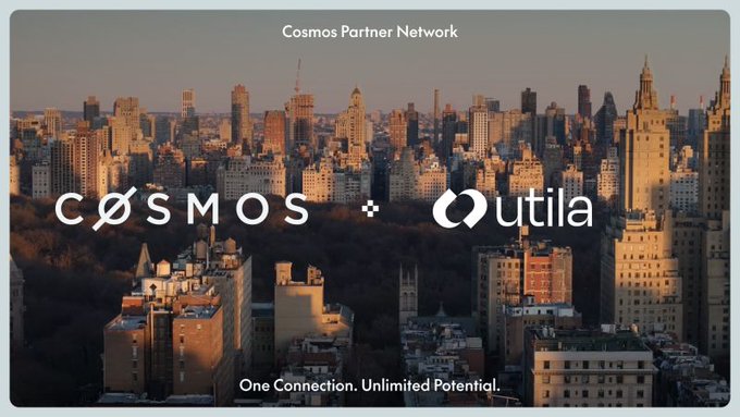 A cityscape skyline backdrop with logos for 'COSMOS' and 'utila', titled 'Cosmos Partner Network' with tagline 'One Connection. Unlimited Potential.'