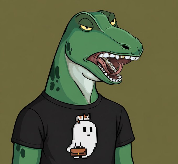 Cartoon illustration of an anthropomorphic green dinosaur character wearing a black t-shirt featuring a pixel art ghost design.