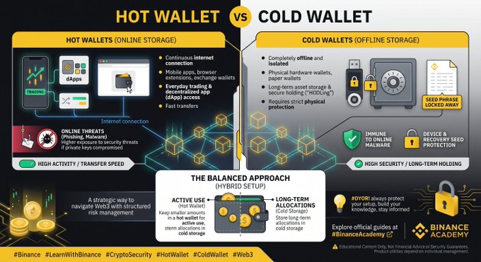 An infographic titled "HOT WALLET vs COLD WALLET" comparing online storage (trading, dApps, everyday transactions with higher phishing/malware risks) vs offline storage (hardware wallets with seed phrase locked away), ending with "The Balanced Approach (Hybrid Setup)" and branding for Binance Academy.