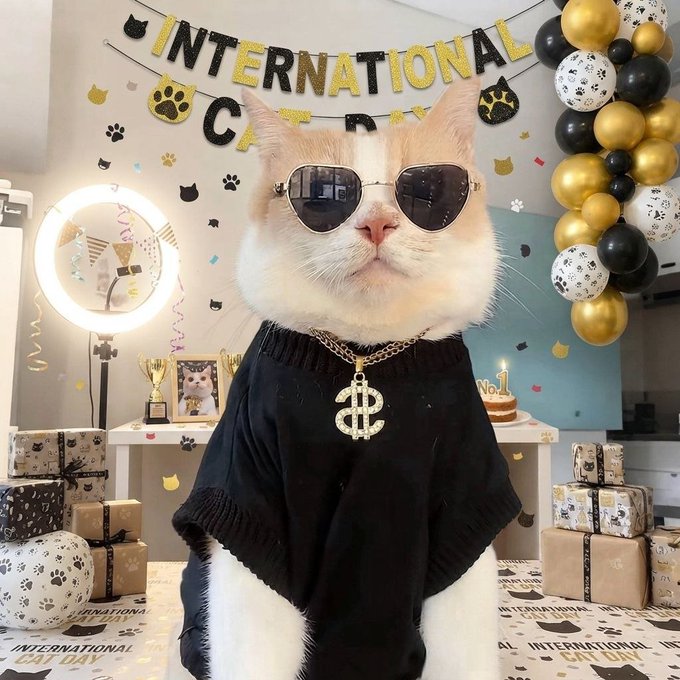 A cat wearing sunglasses and a black sweater with a dollar sign ($) necklace, posed at what appears to be an International Cat Day celebration with balloons, paw print decorations, and gift boxes.