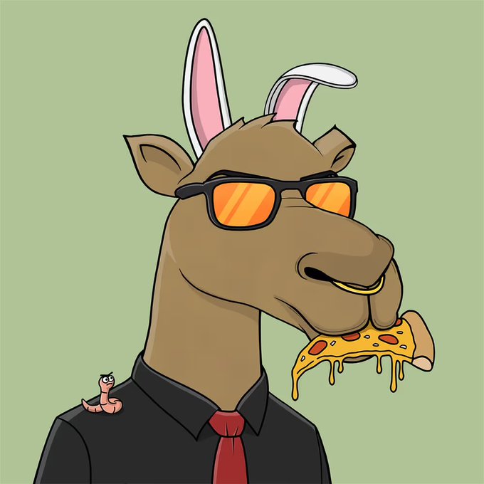A cartoon illustration of a brown horse wearing sunglasses, a black shirt, and a red tie, eating a slice of pizza, with a small pink worm on its shoulder.