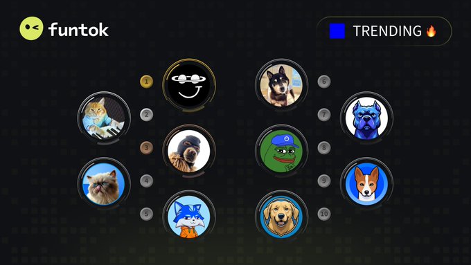 A "funtok" app interface displays a "TRENDING" section with a circle of circular icons featuring various dog, cat, and Pepe the Frog avatars.