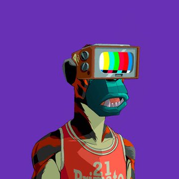 A digital illustration of a tiger character wearing a red basketball jersey (number 21) and a vintage TV for a head displaying color bars, set against a purple background.