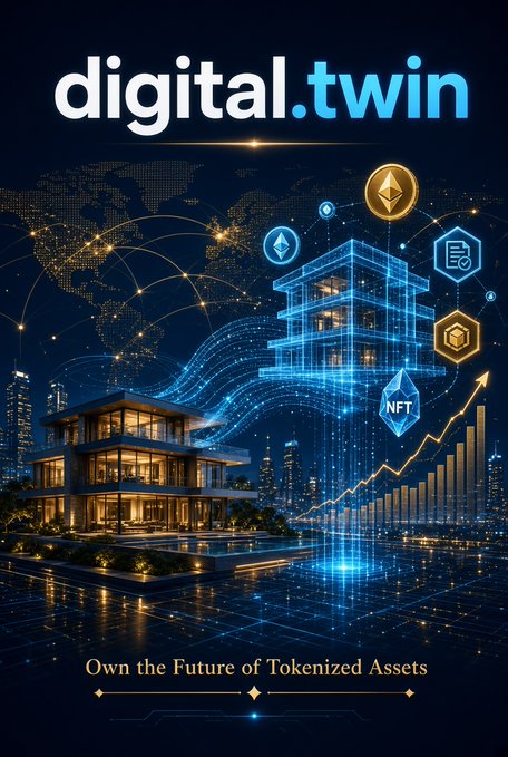 A promotional graphic for 'digital.twin' featuring a futuristic cityscape with a glowing blue digital building hologram, Ethereum and NFT icons, and the tagline 'Own the Future of Tokenized Assets.'