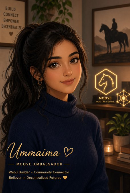 A stylized portrait of a woman named 'Ummaima' labeled 'MOOVE AMBASSADOR' with descriptions 'Web3 Builder • Community Connector' and 'Believer in Decentralized Futures', alongside a 'MOOVE RIDE THE FUTURE' logo and a 'BUILD CONNECT EMPOWER DECENTRALIZE' sign.