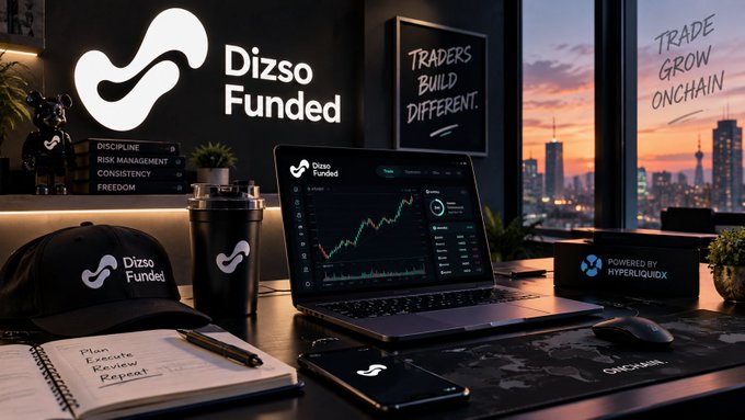 A promotional workspace setup for 'Dizso Funded' showing a laptop with trading charts, branded merchandise including a cap and tumbler, and a cityscape background with the text 'TRADERS BUILD DIFFERENT.' and 'TRADE GROW ONCHAIN'.