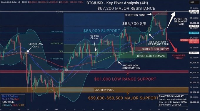 A BTC/USD 4H technical chart highlighting key pivot levels at $67,200 major resistance, $65,000 support, and $61,000 low range support, with annotations showing a $64,265 current price following a breakdown below the critical $65,700 support level, aligning with the post's analysis of Bitcoin's bearish move and watch points around $64,000 support and a potential reclaim above $65,000.