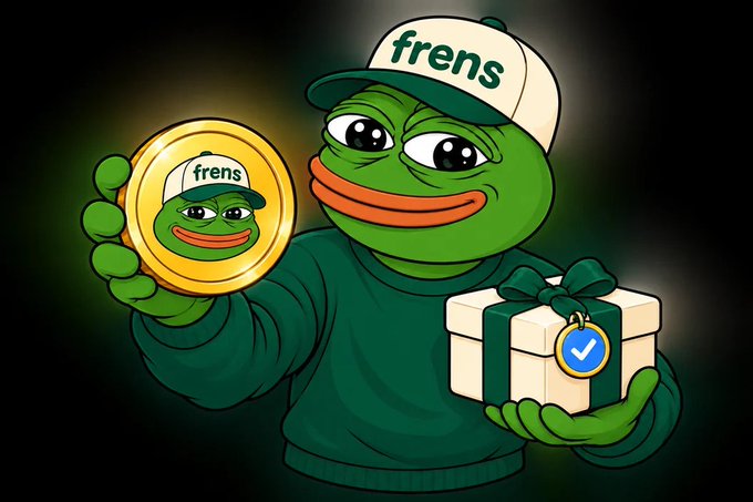 A cartoon illustration of a green Pepe-style frog character wearing a white and green 'frens' cap, holding up a gold 'frens' coin and a wrapped gift box with a verified checkmark seal.