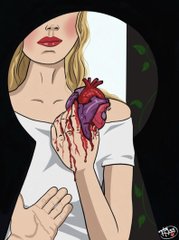 A digital illustration showing a blonde woman holding out a bleeding anatomical heart, with another hand reaching toward her from the bottom left.