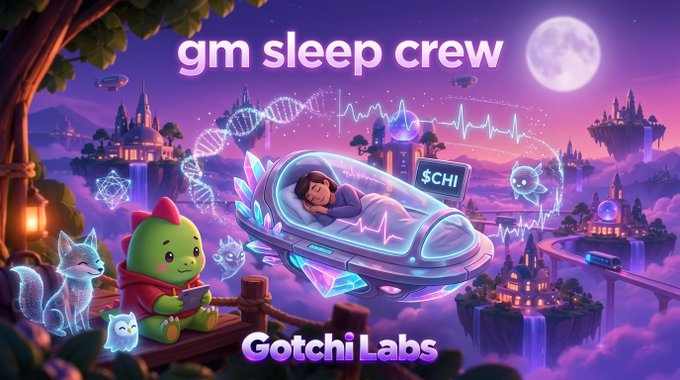 A colorful digital illustration titled 'gm sleep crew' by Gotchi Labs featuring a sleeping person in a futuristic pod, a cute dragon character with a phone, and mystical floating islands.