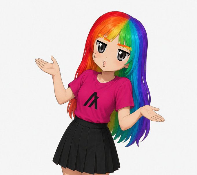 An anime-style girl with long, rainbow-colored hair stands with a puzzled expression, shrugging her shoulders with both hands raised. She wears a pink t-shirt featuring a stylized black "A" logo and a black pleated skirt.