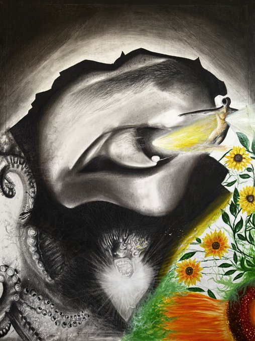 A surreal artwork combining a large grayscale eye with a shadowy face, a fierce black cat, a hummingbird, and vibrant yellow sunflowers with green foliage.
