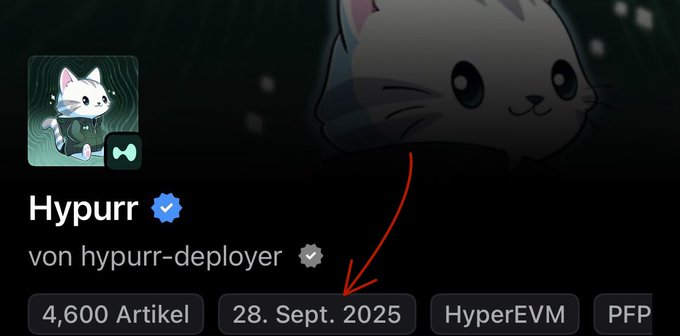 A profile card for 'Hypurr' (@hypurrr-deployer) showing a white cat avatar, 4,600 articles, and a join date of 28 Sept. 2025, with a red arrow pointing to the date.