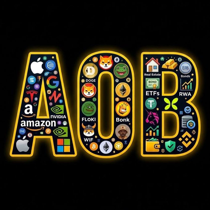 A stylized graphic with the large letters 'AOB' filled with various logos and icons including Apple, Amazon, Google, Tesla, NVIDIA, Doge, Floki, Bonk, Real Estate, ETFs, RWA, and Binance.
