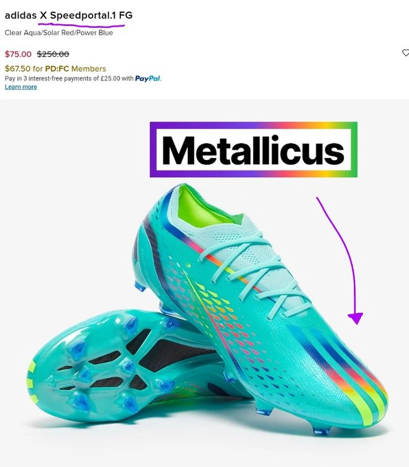 The image features a pair of blue Adidas Speedportal X-Star Power Blue cleats with rainbow stripes, placed side by side against a white background. The text above them reads "I have no idea how I stumbled upon a Adidas shoe called X speed portal with interesting color code. Corbitex = Rainbow = Metallicus $METAL $XPR $MTL $PROTON #TBDN". This post is about the shoes and their unique features, specifically highlighting the rainbow-colored cleats as a distinguishing factor from other cleat designs.