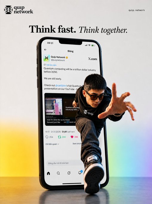 A Quip Network advertisement with the tagline 'Think fast. Think together.' showing a phone displaying a tweet about quantum computing being a trillion dollar industry by 2050.