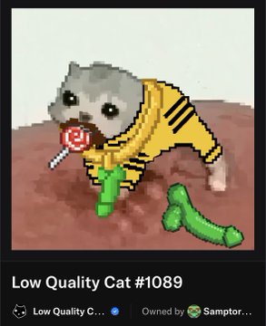 An NFT titled 'Low Quality Cat #1089' from the Low Quality C... collection owned by Samptor..., depicting a pixelated cat in a yellow sweater holding a red lollipop with green legs.
