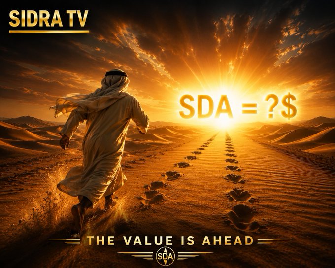The "SIDRA TV" logo is displayed over an image of a person walking towards a desert sunset, with the text "SDA = ?$" and "THE VALUE IS AHEAD" visible. This image visually represents the anticipation and speculation surrounding the future value of SDA.