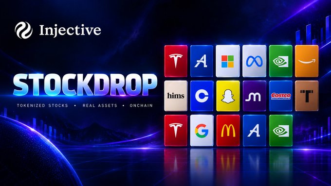 A promotional graphic for Injective's 'STOCKDROP' featuring tokenized stocks and real assets on-chain, displaying logos of major companies including Tesla, Apple, Microsoft, Meta, NVIDIA, Google, Amazon, McDonald's, and Costco.