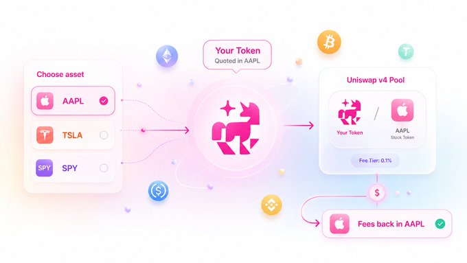 The image illustrates a UniStocks workflow where a user selects an asset (AAPL, TSLA, or SPY) to create a token quoted in that stock, which is then paired with the corresponding stock token in a Uniswap v4 pool with a 0.1% fee tier, generating fees returned to the user in the same chosen asset (shown as AAPL).