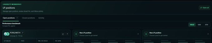 A screenshot of a cryptocurrency LP positions management dashboard showing "USDC/WETH" liquidity pool details with options for performance, fees, and APR, including buttons to "Open positions," "Close positions," and "Activity."