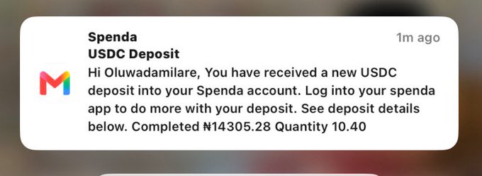 A mobile notification from Spenda app alerts Oluwadamilare of a new USDC deposit completed for ₦14305.28, quantity 10.40, received 1 minute ago.