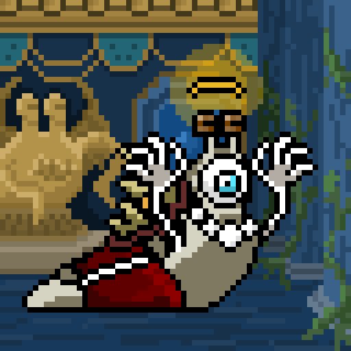 A pixel art image of a ghostly figure with outstretched arms and a wide grin, wearing red pants, set against a dark background with a stone statue and green vines.