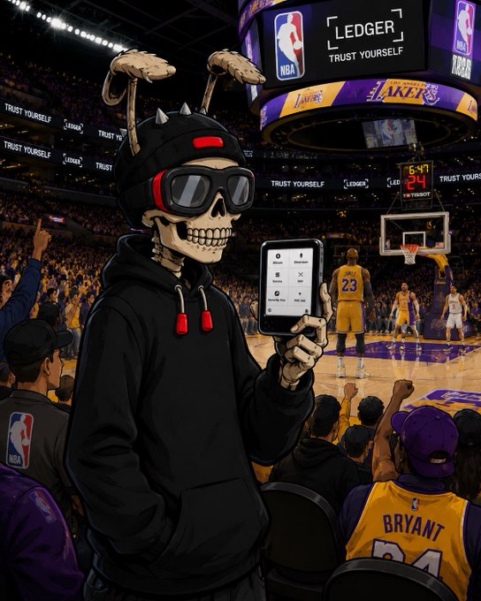 An AI-generated illustration of a skeleton character wearing goggles, a beanie with antennae, and a hoodie, holding a phone at an NBA Lakers game with 'Ledger - Trust Yourself' and 'Bryant' jersey visible.