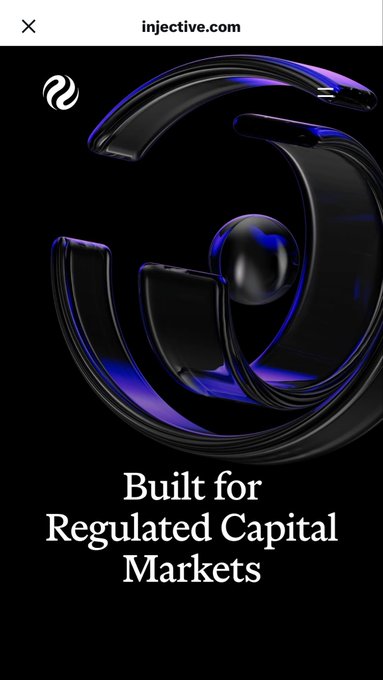 A promotional graphic for injective.com featuring a black and purple 3D abstract design with the text 'Built for Regulated Capital Markets'.