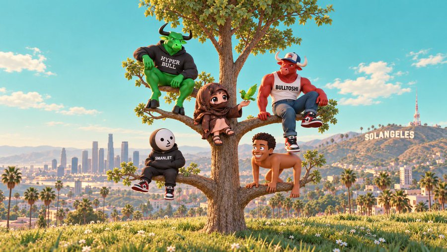 A 3D-rendered scene showing cartoonish characters (a green bull labeled 'HYPER BULL', a red bull labeled 'BULLTOSH', a masked figure, and others) perched on a tree overlooking the Los Angeles skyline with 'SOLANGELES' text on a hillside.
