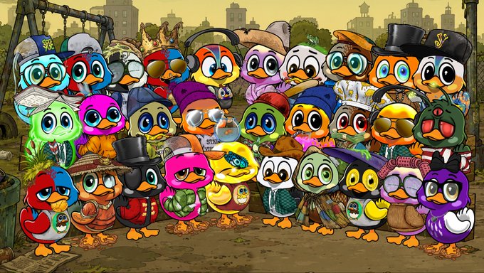 An illustration shows a large group of cartoon birds in colorful costumes including a hot dog, sushi, king, and various hats gathered together.
