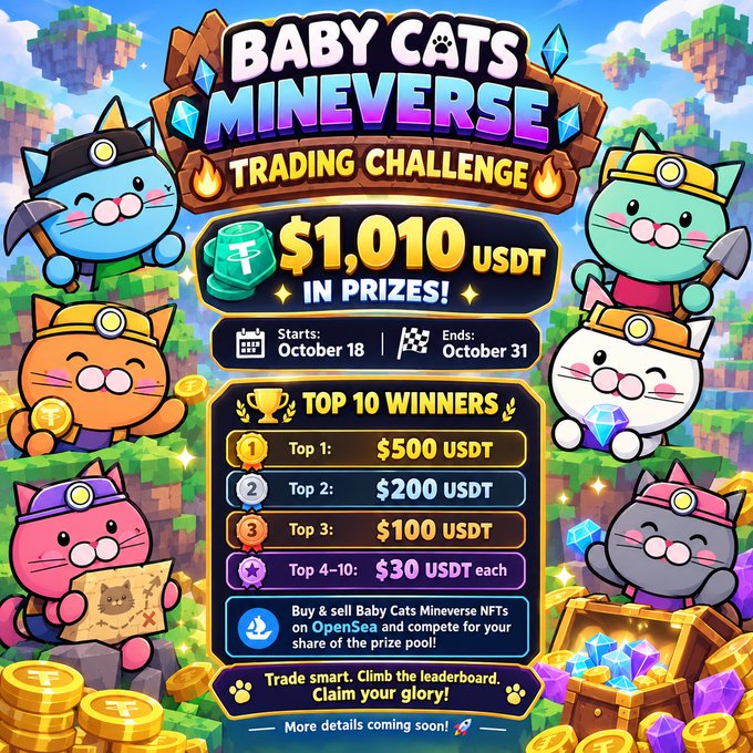 A promotional poster for the 'BABY CATS MINEVERSE TRADING CHALLENGE' offering $1,010 USDT in prizes from October 18 to October 31, featuring cartoon cats in mining gear.