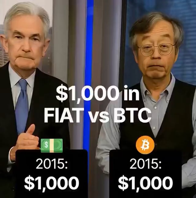 The image shows two men dressed up, one wearing a suit and tie and the other a vest, against a blue background with the text "$1,000 in Fiat vs Bitcoin" at the bottom of the image. The caption above the image says that this is related to a discussion about the worth of Bitcoin compared to Fiat currency.