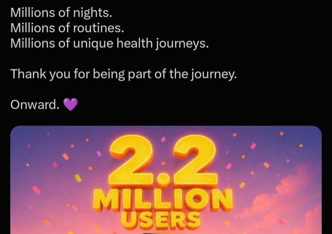 A celebratory graphic reading 'Millions of nights. Millions of routines. Millions of unique health journeys. Thank you for being part of the journey. Onward. 💜' above a '2.2 MILLION USERS' display with yellow 3D text against a pink and purple sky with confetti.