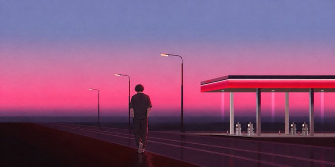 An anime-style illustration shows a person walking down an empty road at dusk, passing a glowing gas station under a pink and purple sky.