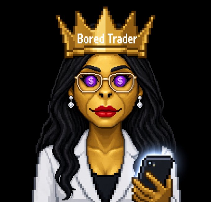 Pixel art portrait of a woman wearing a gold crown labeled 'Bored Trader' and glasses with dollar signs reflected in the lenses, holding a smartphone.