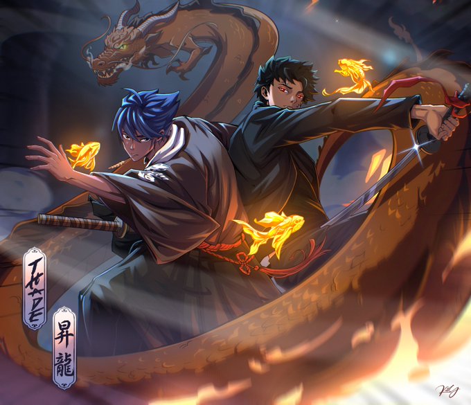 Anime-style illustration of two characters in traditional robes wielding swords alongside a Chinese dragon, with Chinese text in the corner.