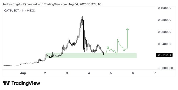 The image is a TradingView 1-hour candlestick chart of **CATE/USDT on MEXC** (created by AndrewCryptoHQ), showing the token's price spiking to ~$0.10 around August 3-4, 2026, before pulling back to a highlighted support zone at **$0.021984**, with a green arrow projecting a potential rally toward $0.06+.

The chart visually reinforces the post's bullish thesis by illustrating CATE's early volatility and strong support level, suggesting that despite its current low price, the asset has already demonstrated significant upside potential and could be on the verge of another major move during the bull cycle.